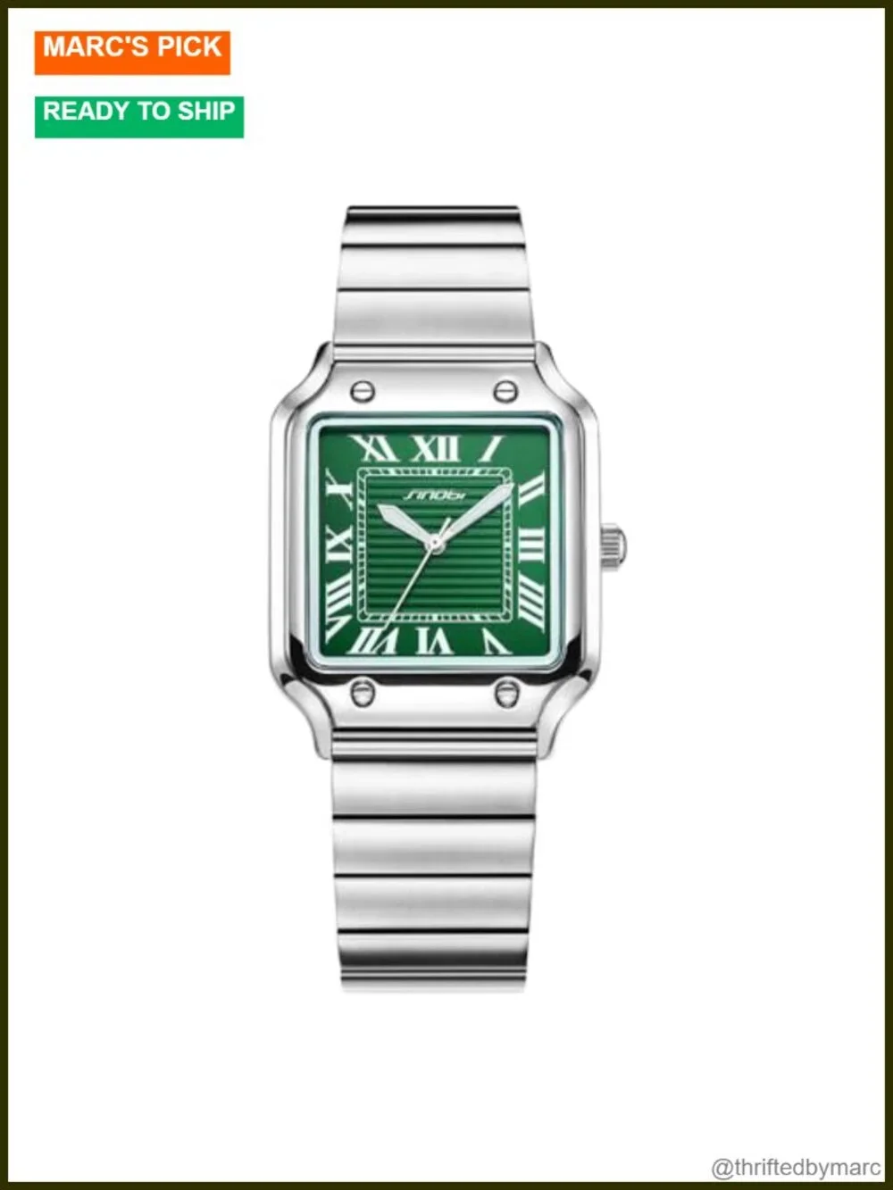 Square Watch for Men with Roman Numerals, Quartz Movement, Leather or Steel
